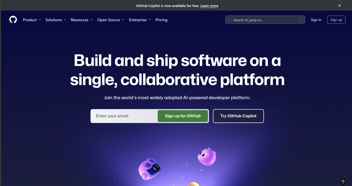 Tampilan landing page dari GitHub. Klik Sign Up untuk membuat akun baru.