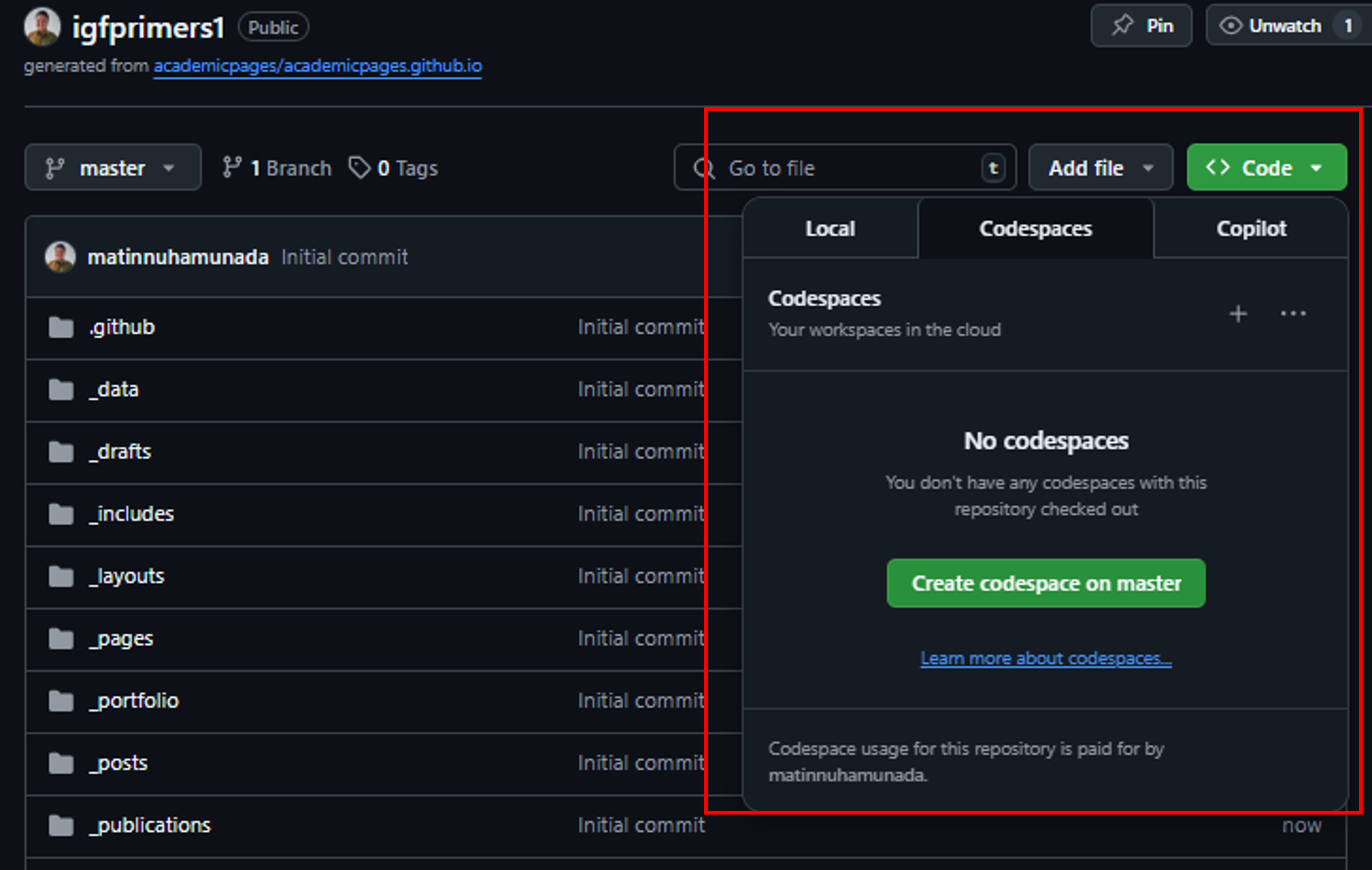 Membuka repositori dengan menggunakan GitHub Codespace.