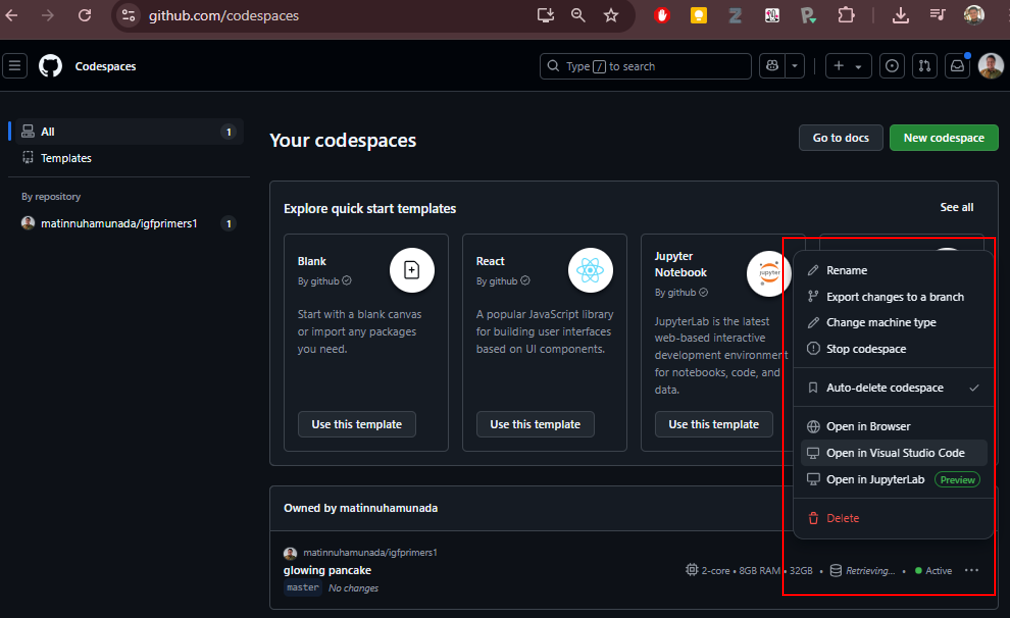 Membuka Codespace dengan VS Code.
