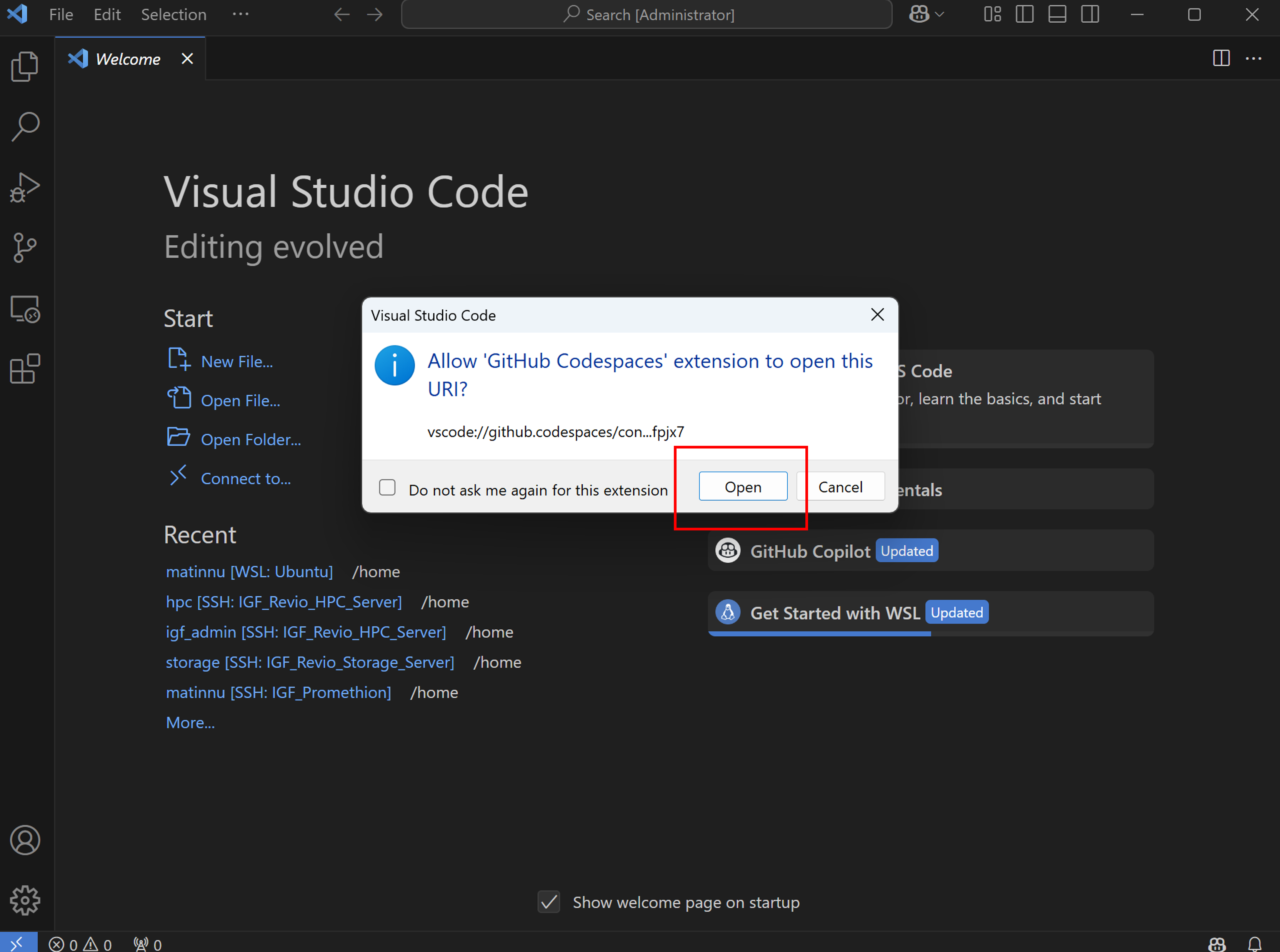 Aktifkan GitHub Codespace extension di VS Code.